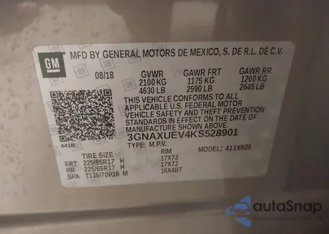 2019 Chevrolet Equinox Lt z USA, uszkodzony, nr VIN 3GNAXUEV4KS528901